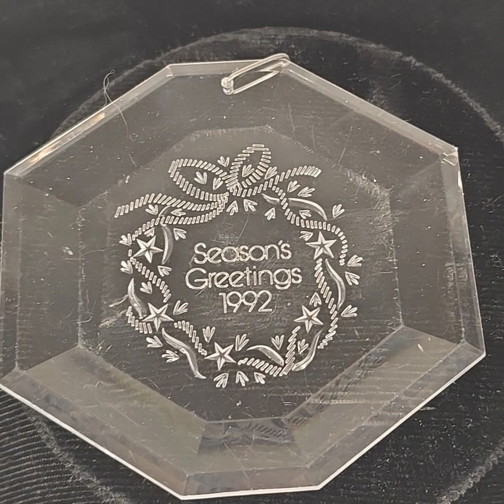 Clear Pressed Acrylic "Seasons Greetings 1992" 3.25" Ornament - Picture 2 of 3